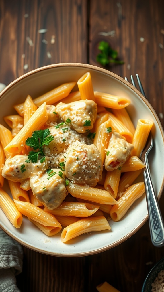 Creamy chicken pasta with garlic and parmesan served in a bowl, garnished with parsley.